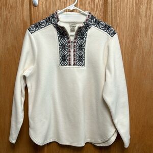 Women’s L. L. Bean 1/4 zip, cream, pullover top with knit and embroidered trim.